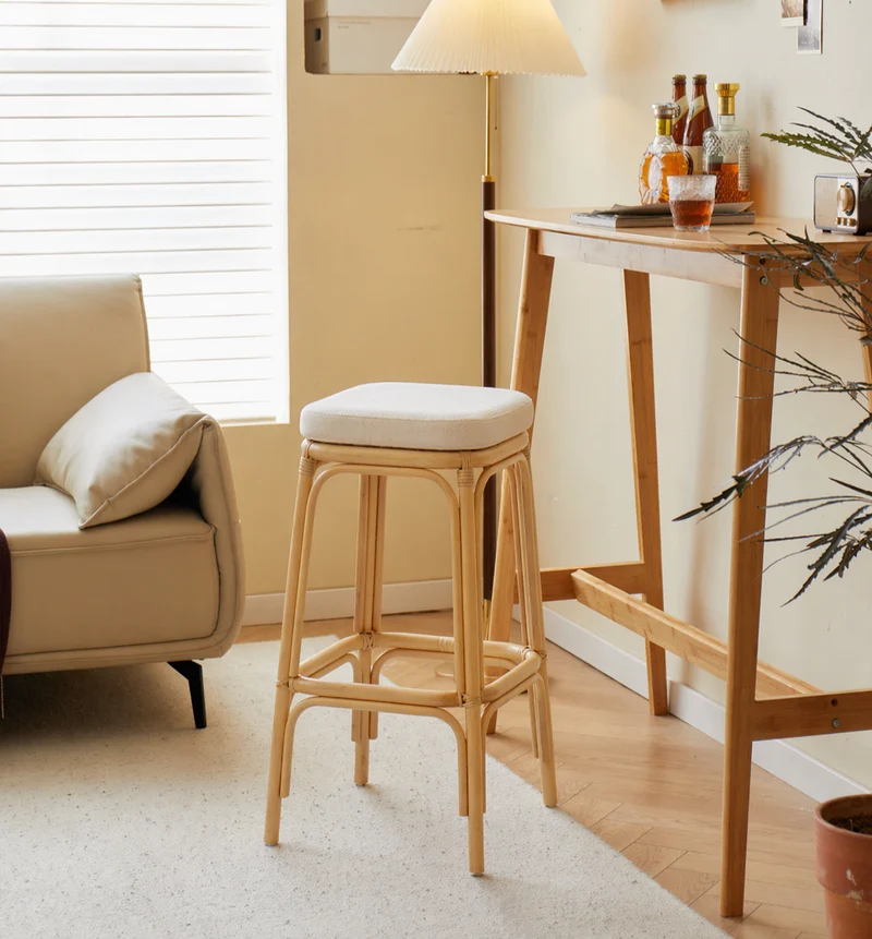 OBIRA - Lot de 2 tabourets de bar en rotin naturel et tissu beige