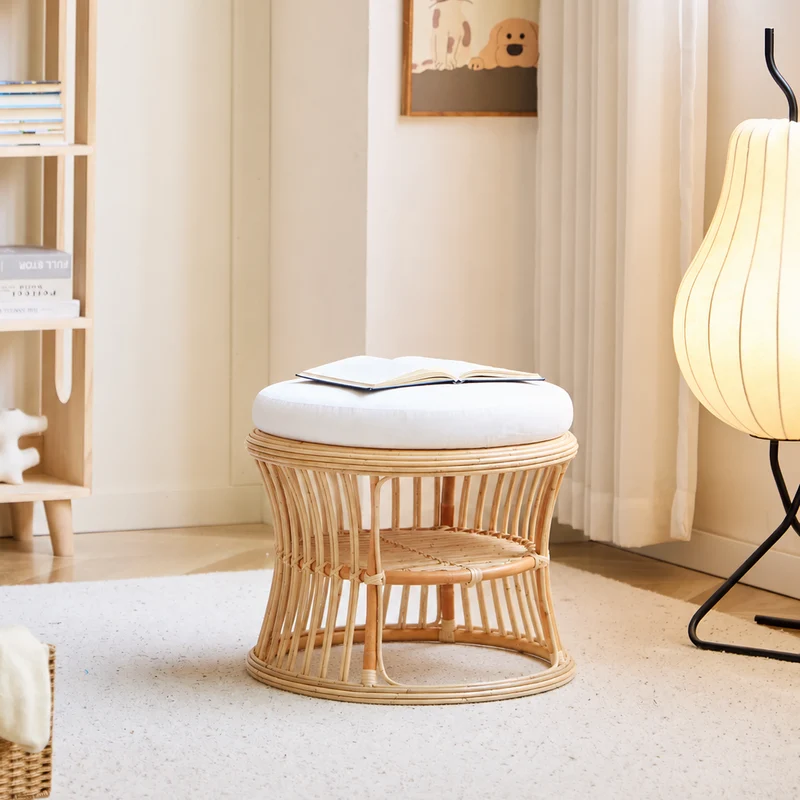 SERAM - Pouf en rotin naturel et tissu beige
