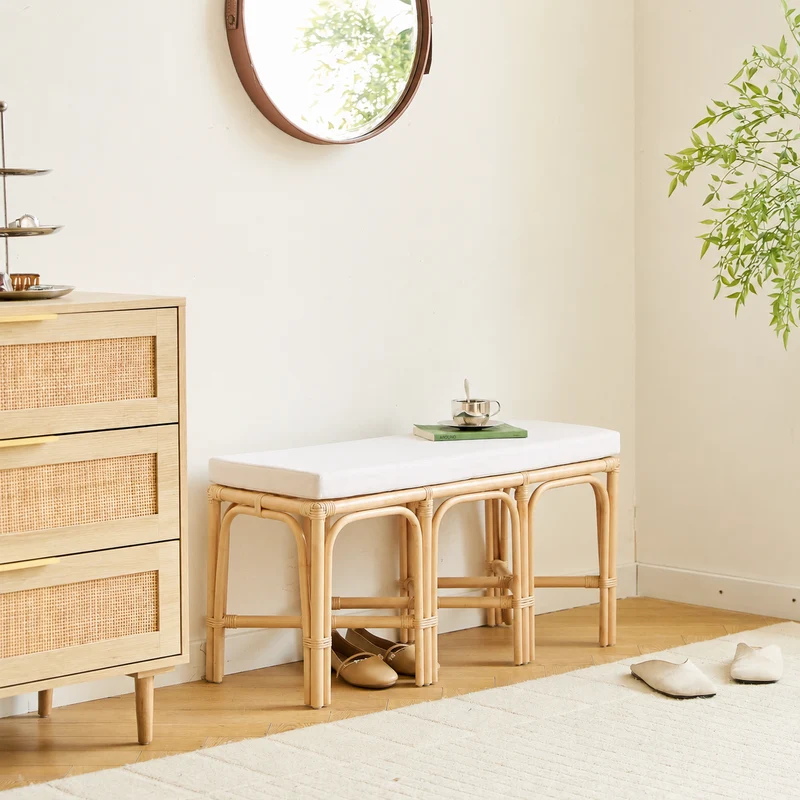 SULAWESI - Banc en rotin naturel et tissu beige