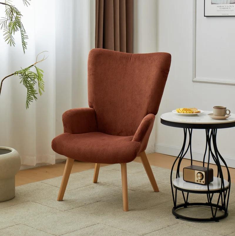 MALMO - Fauteuil de salon en bois massif et velours côtelé terracotta