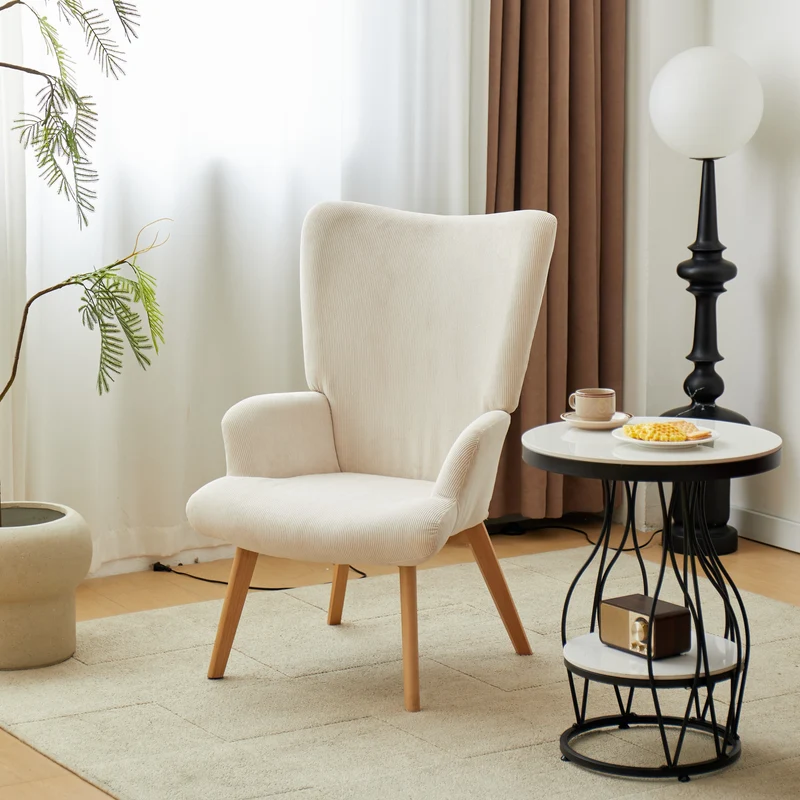 MALMO - Fauteuil de salon en bois massif et velours côtelé beige