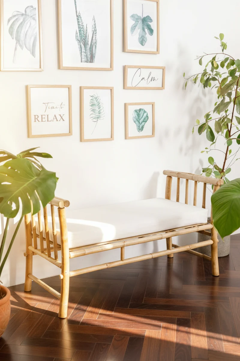 DILI - Banc en bambou massif et tissu beige