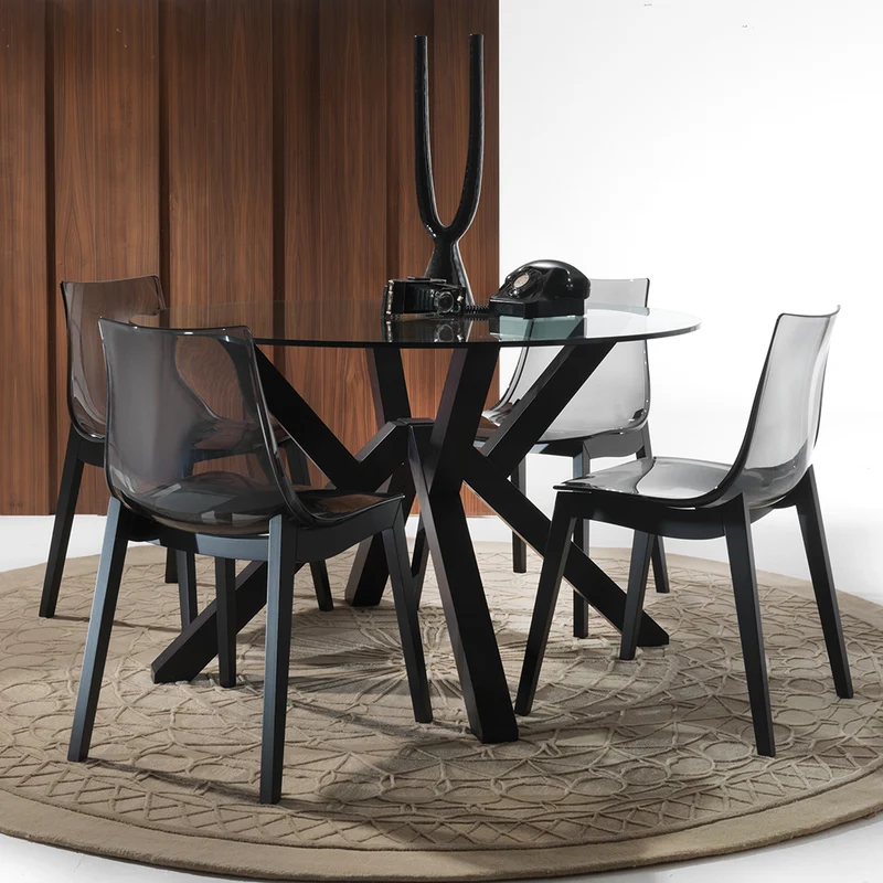 Teorema - Tavolo rotondo fisso con piano in vetro e gambe in legno massello cm 120x76h - vari colori