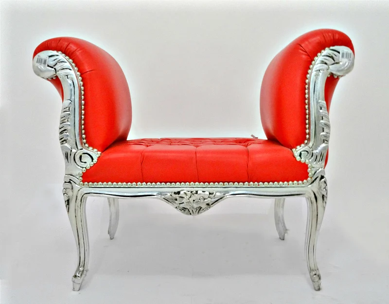 Divanetto panca barocco in legno colore argento ed ecopelle colore rosso cm 90x45x70h