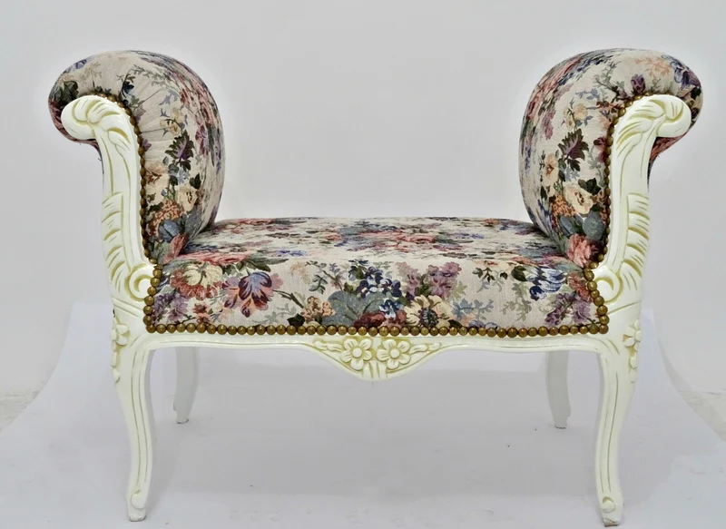 Panca da ingresso stile barocco in legno bianco e tessuto floreale cm 90x45x70h