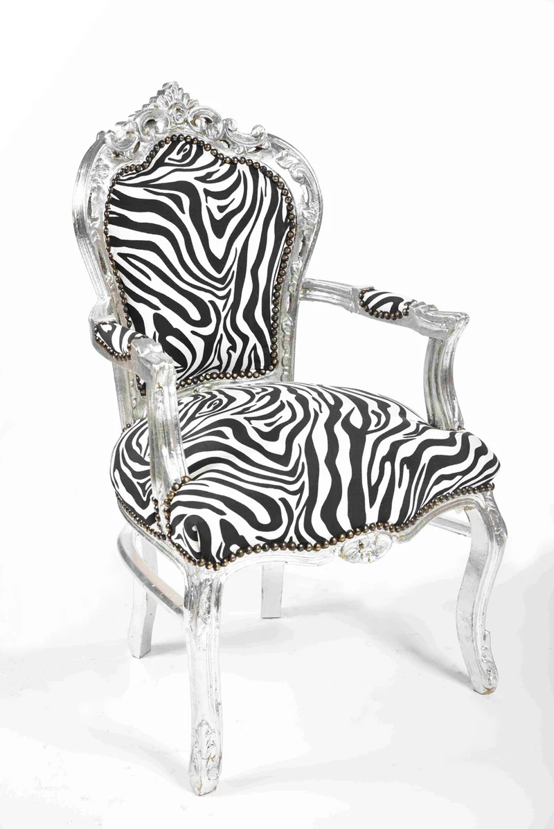 Poltrona stile barocco zebrata struttura in legno colore argento cm 63x65x108h