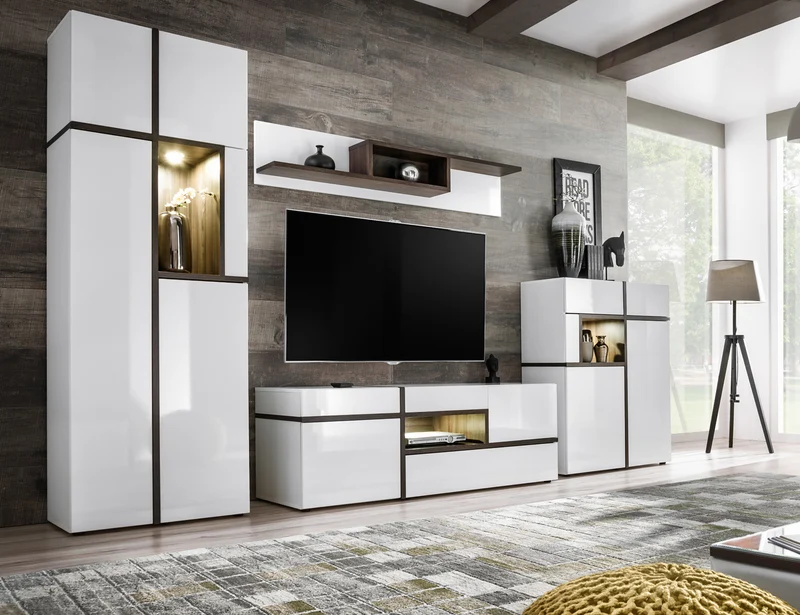 Magda - Parete attrezzata moderna in legno bianco lucido e wengè con luci a led