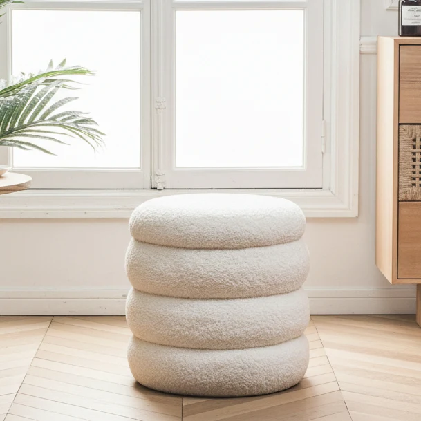 FLOKKE - Pouf avec rangement en bouclettes blanches style scandinave