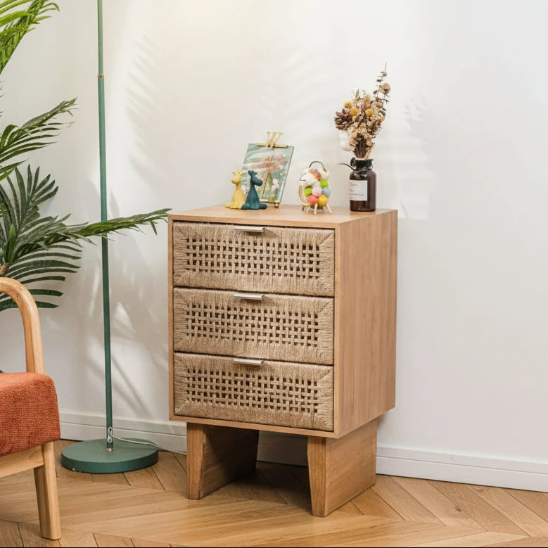 MERIDA - Chiffonnier 3 tiroirs en bois et corde naturelle