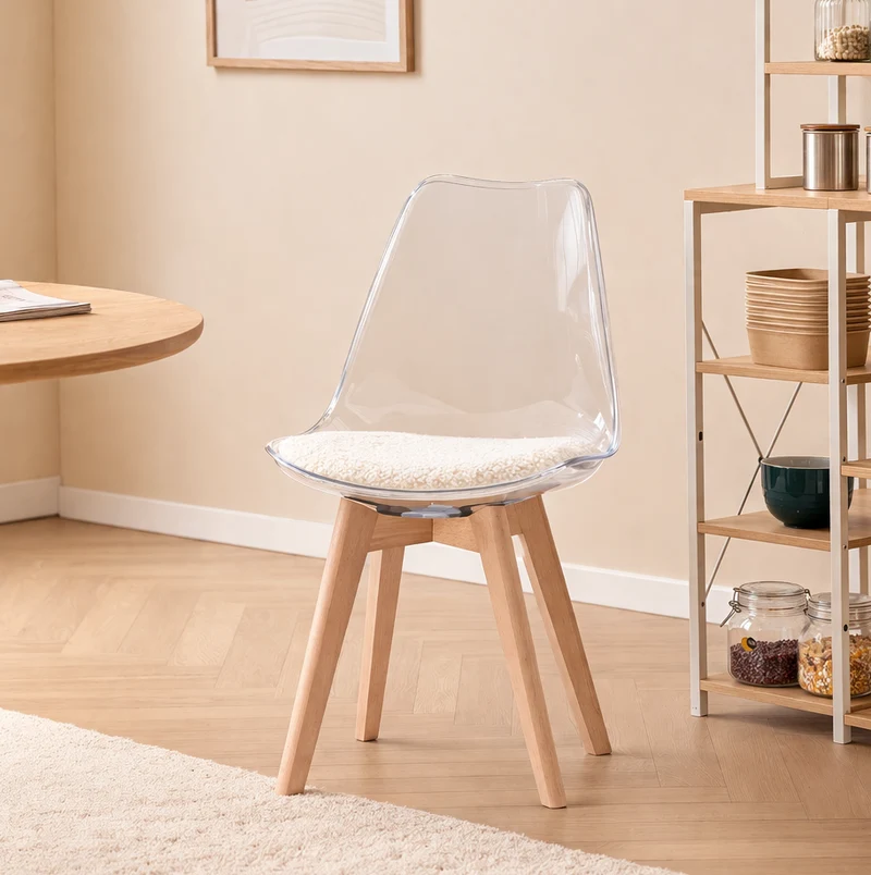 CARMEN - Lot de 4 chaises transparentes avec pieds en bois et bouclettes blanches