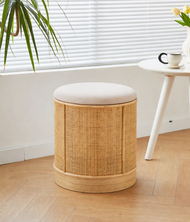 CHUO - Pouf en velours beige et rotin