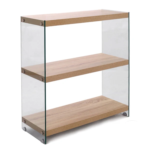Libreria moderna scaffale in vetro trasparente e legno finitura rovere - varie misure