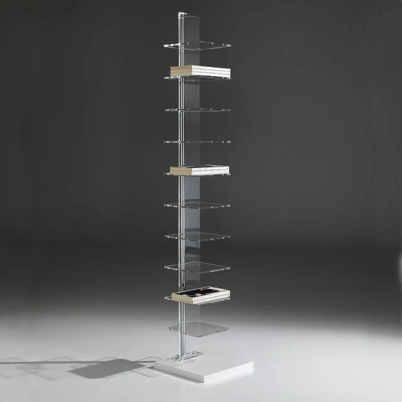 Libreria design a colonna da terra in metallo cromato piani trasparenti cm 30x30x148h