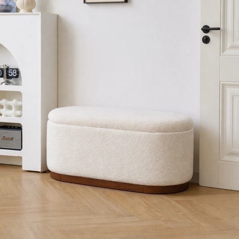LIMA - Banc coffre avec rangement en bois et bouclettes blanches