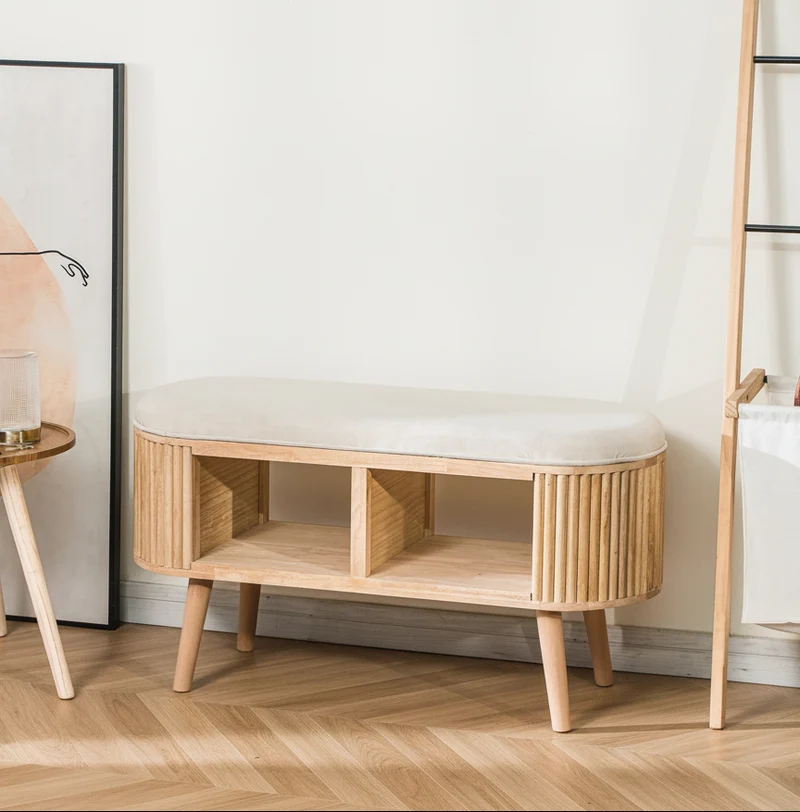 ISUMI - Banc avec rangement en bois et velours beige