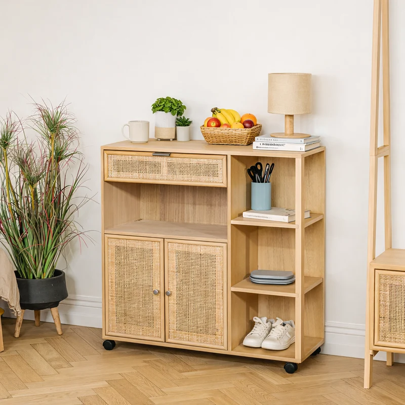 OULU - Desserte avec rangements en bois et rotin