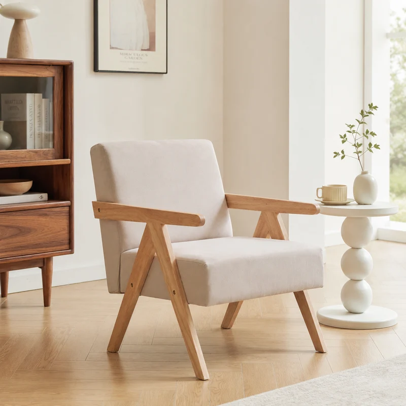 SANTAREM - Fauteuil de salon en bois massif et velours beige