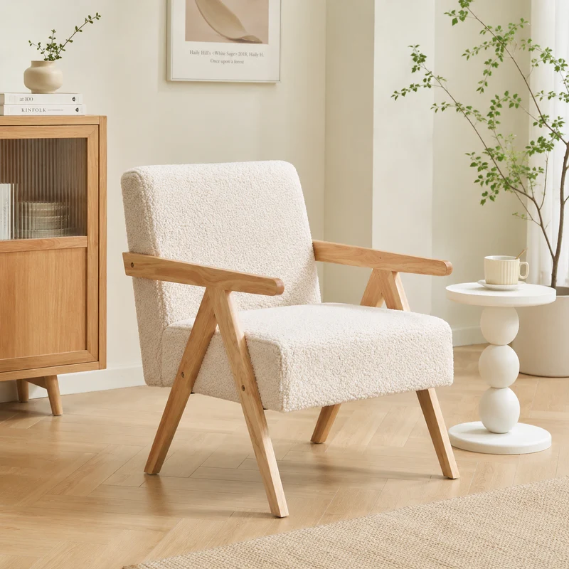 SANTAREM - Fauteuil de salon en bois massif et bouclettes blanches