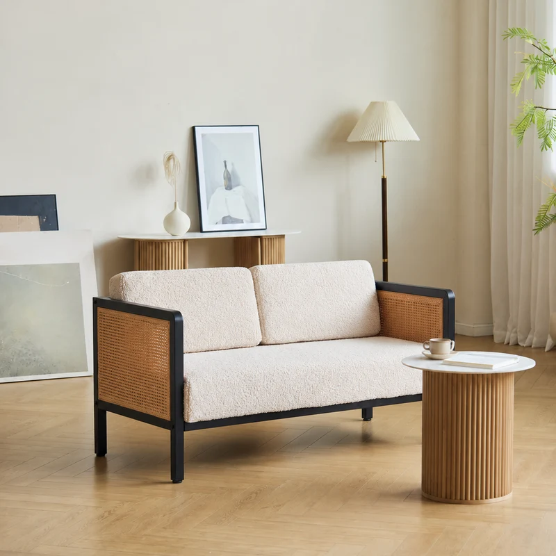 OREBRO - Canape 2/3 personnes en cannage et bouclettes blanches