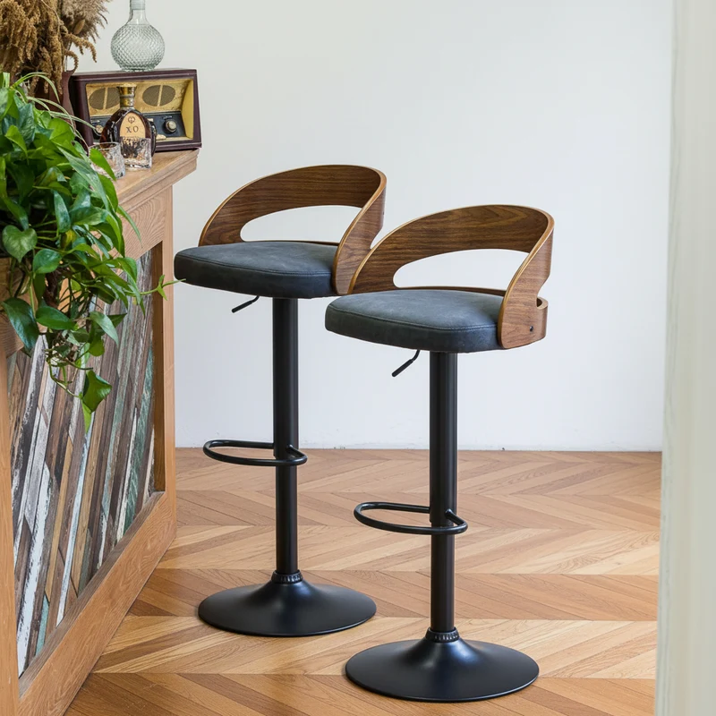 VICTORIA - Lot de 2 tabourets de bar en bois et suèdine noir