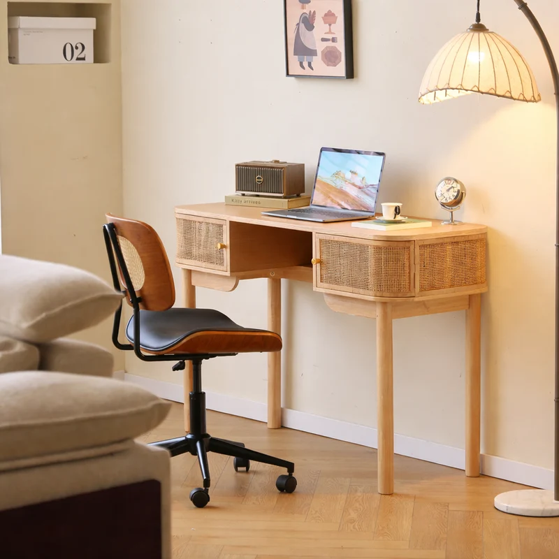 TOYAMA - Bureau 2 portes en bois et cannage/rotin