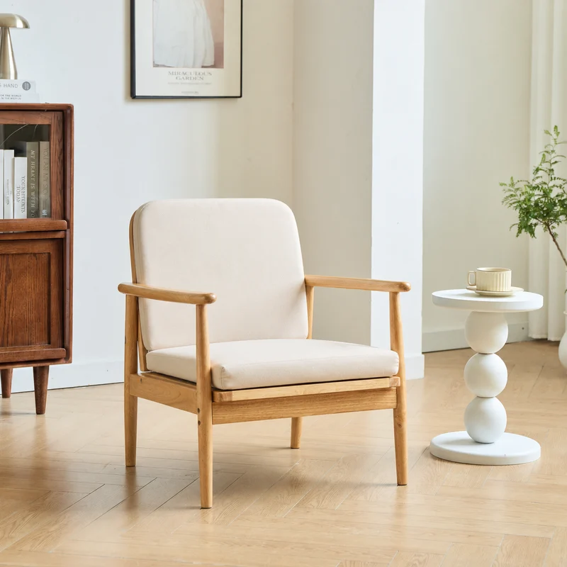 SURABAYA - Fauteuil de salon en bois massif et tissu beige