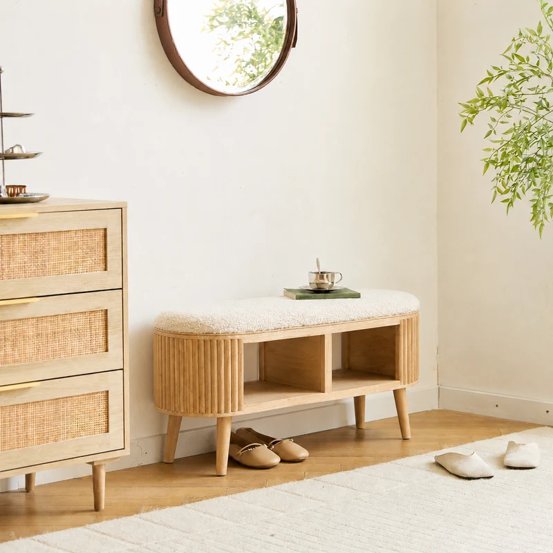ISUMI - Banc avec rangement en pin et bouclettes blanches