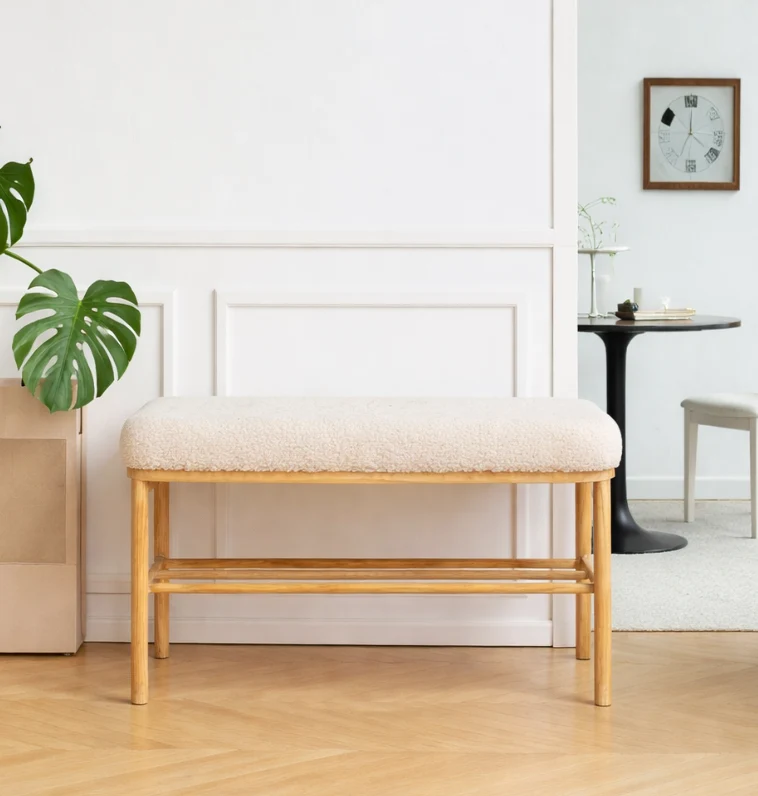 ASUGI - Banc avec rangement en pin massif et bouclettes blanches