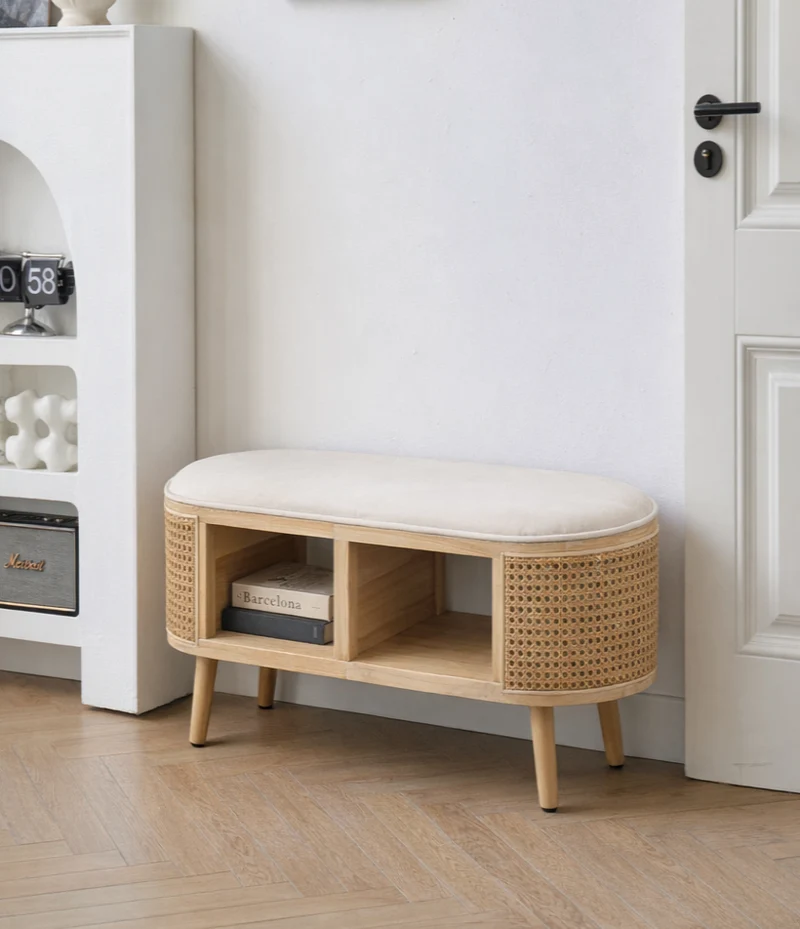 ISUMI - Banc avec rangement en rotin et velours beige