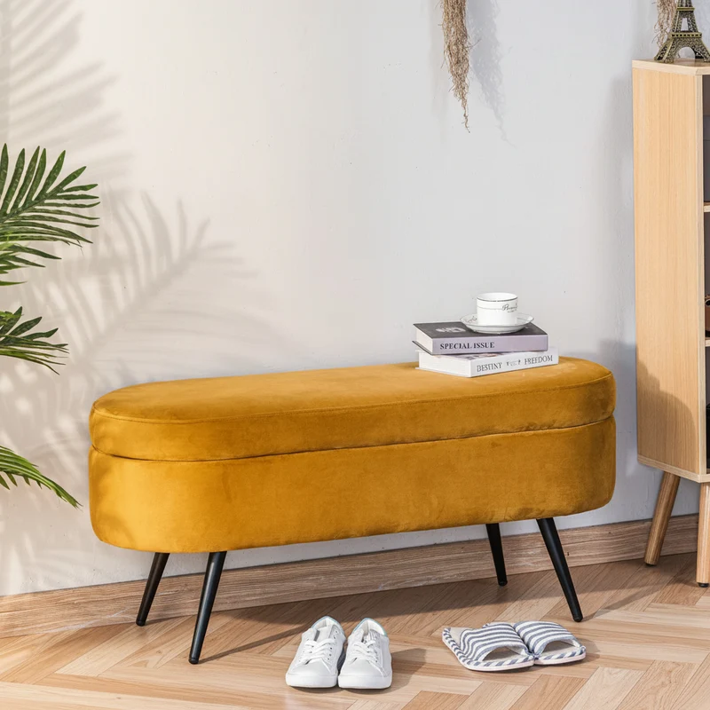 STOCKHOLM - Banc en métal et velours jaune moutarde