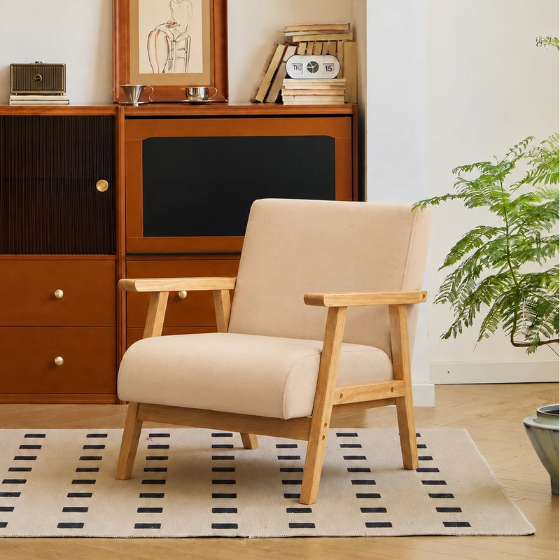 LOUIS - Fauteuil de salon en bois massif et tissu beige