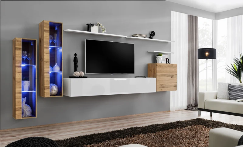 Nataly - Parete da soggiorno con vetrinette e luci a led quercia natura - vari colori