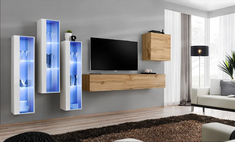 Massy - Parete soggiorno quercia natura con vetrine e luci a led - vari colori