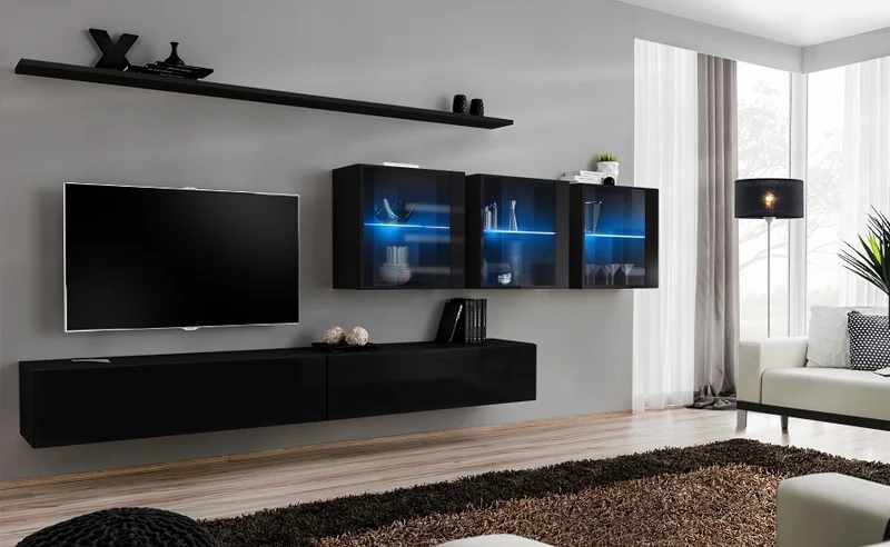 Berenis - Parete da salotto moderna con vetrine e luci a led - vari colori