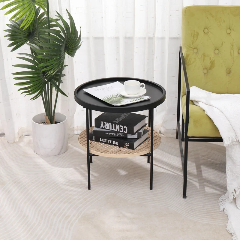 KIRYU - Table d'appoint en métal avec rangement en rotin naturel