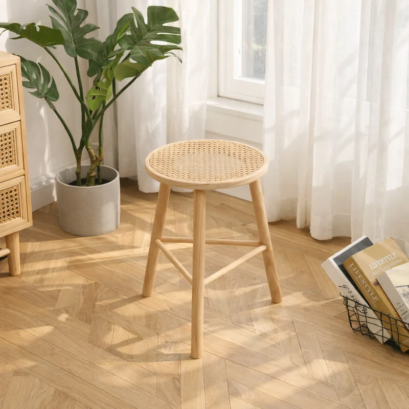 ITAMI - Tabouret en pin massif et rotin