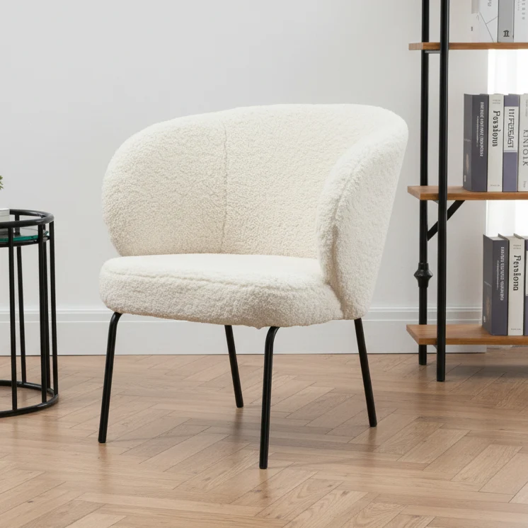 BERGEN - Fauteuil de salon en métal et bouclettes blanches