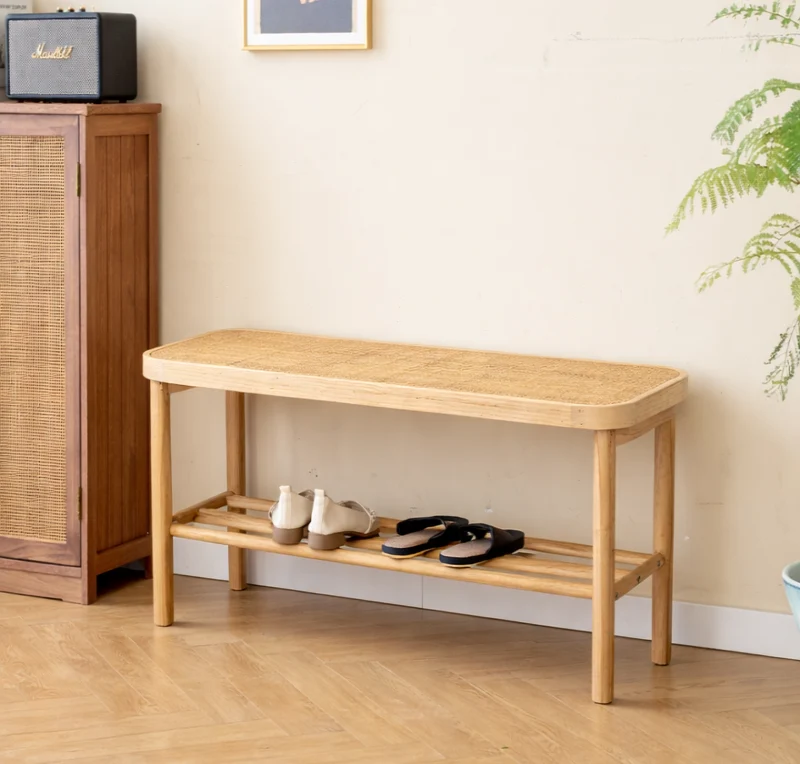 ASUGI - Banc avec rangement en pin massif et rotin