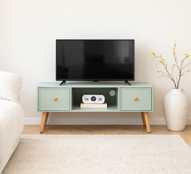 AKITA - Meuble TV 2 tiroirs en bois massif vert menthe