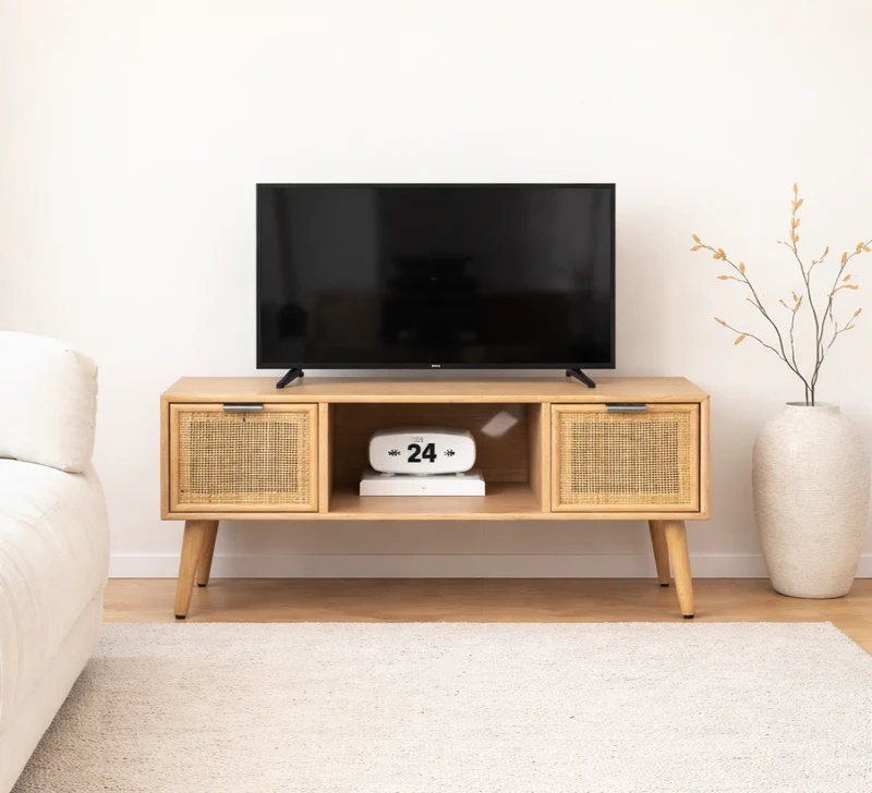AKITA - Meuble TV 2 tiroirs en bois et rotin