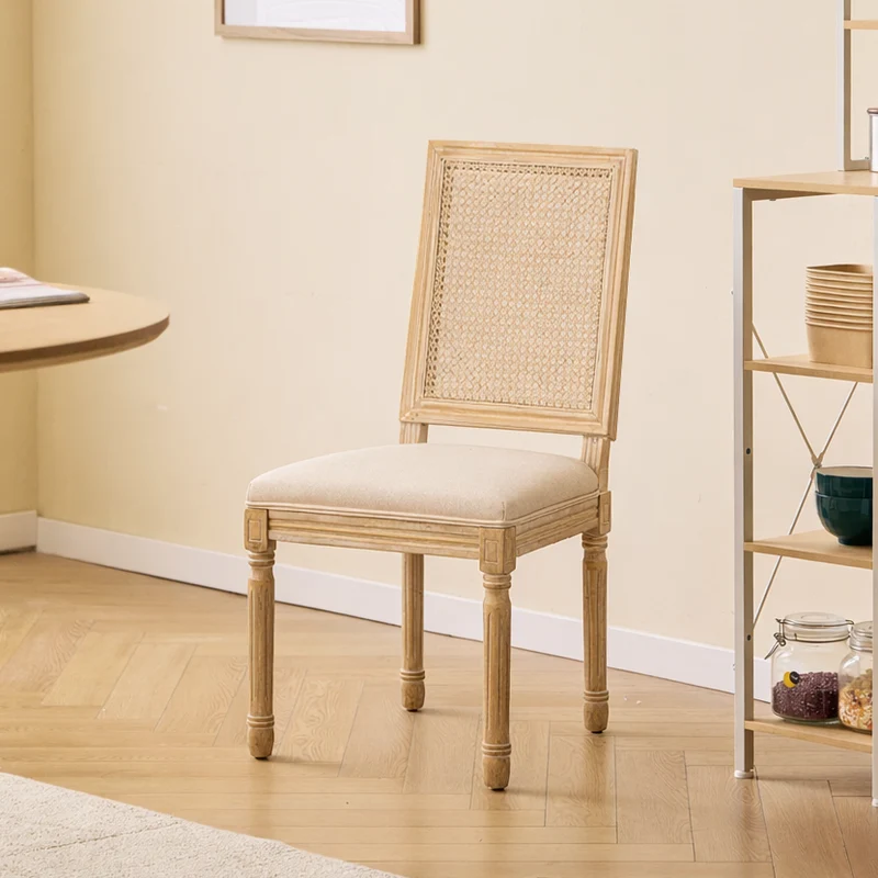 CAMBRIDGE - Lot de 2 chaises en bois et cannage avec assise en tissu beige