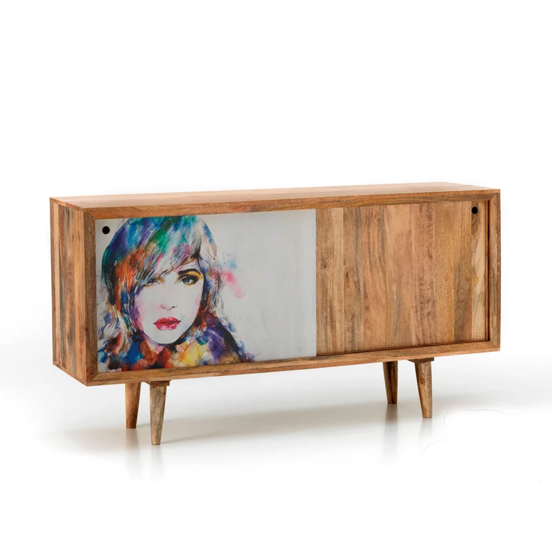 Madia moderna con ante scorrevoli in legno di mango ritratto di donna cm 160x45x85h