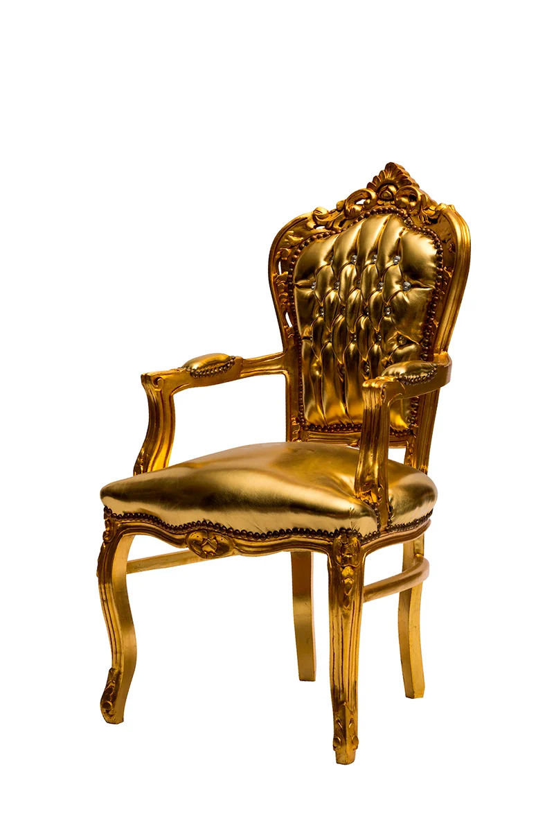 Poltrona barocco in ecopelle e struttura in legno colore oro cm 63x65x94h