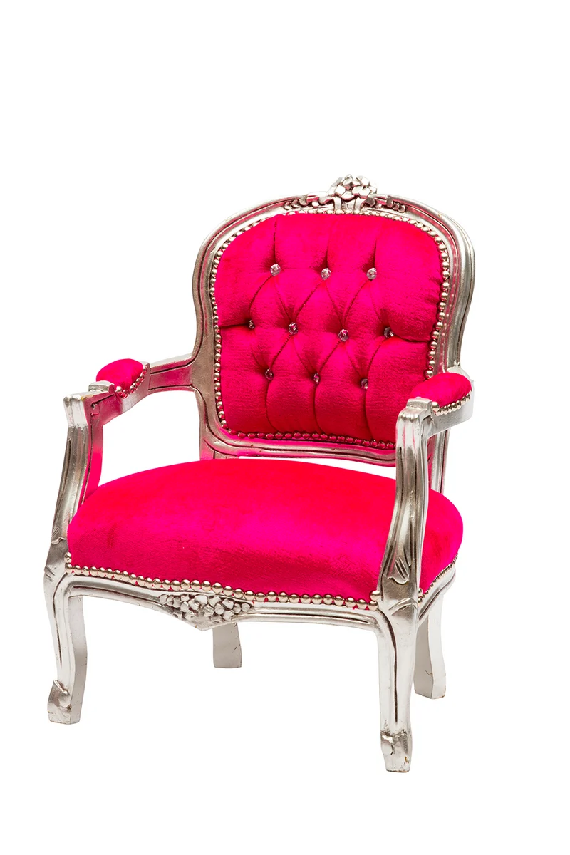Poltrona bimba barocco in legno color argento con rivestimento in tessuto colore fucsia