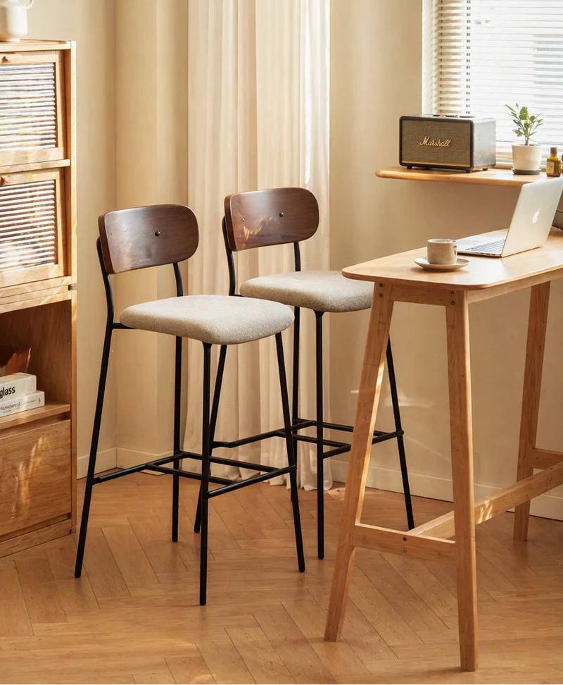 LINCOLN - Lot de 2 tabourets de bar en métal et frêne tissu gris