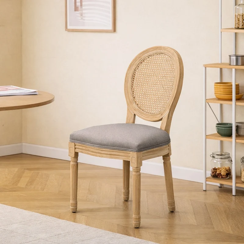 RICHELIEU - Lot de 2 chaises en bois et cannage avec assise en tissu gris fonce