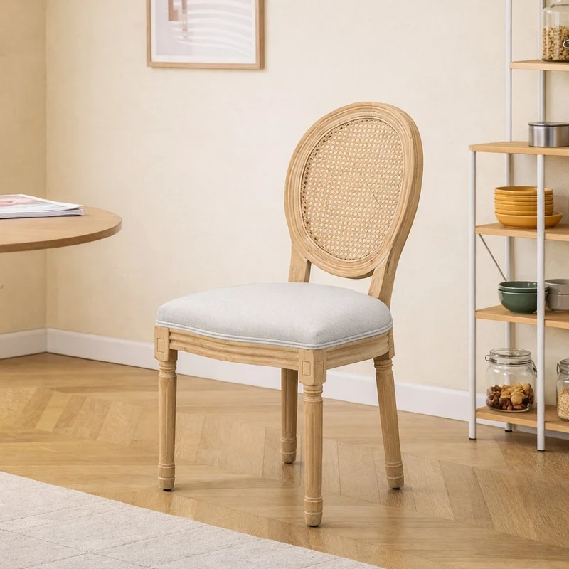 RICHELIEU - Lot de 2 chaises en bois et cannage avec assise en tissu gris clair