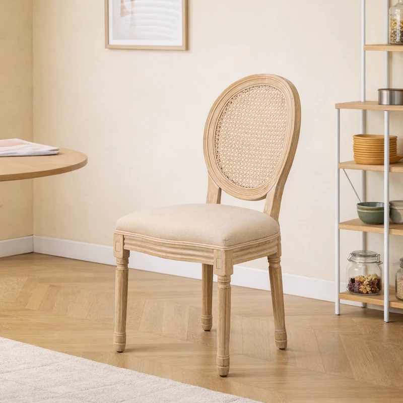 RICHELIEU - Lot de 2 chaises en bois et cannage avec assise en tissu beige