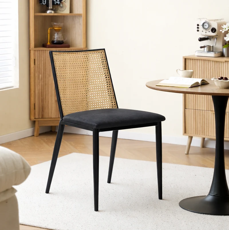 OSAKA - Lot de 2 chaises en métal et cannage avec assise en suèdine noir