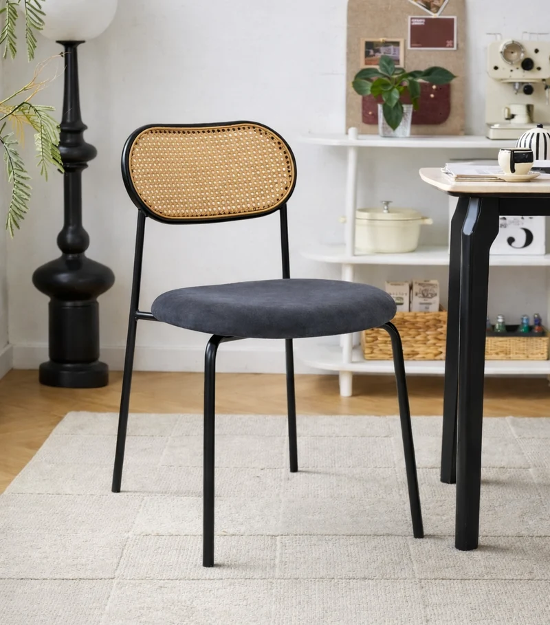 OREBRO - Lot de 2 chaises en métal et cannage avec assise en suèdine noir